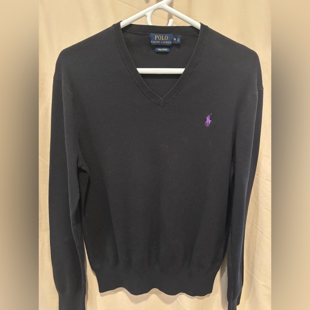 Ralph Lauren Men's V-Neck Sweater in Black with Purple Logo